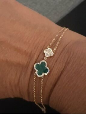 Malachite Diamond double Clover 14k Gold Bracelet, natural diamonds,
